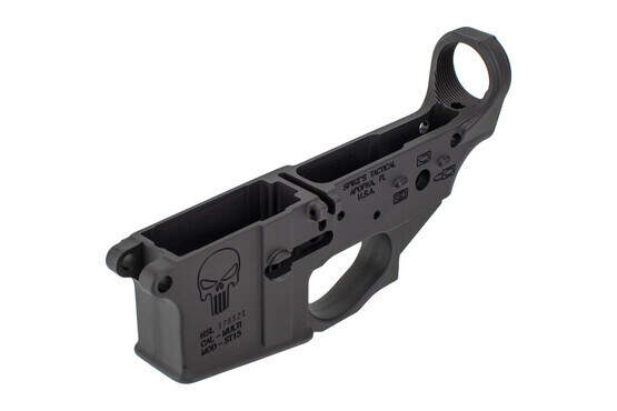 The Spike's Tactical Stripped ar15 multi caliber Forged lower receiver with Punisher logo and bullet pictogram markings